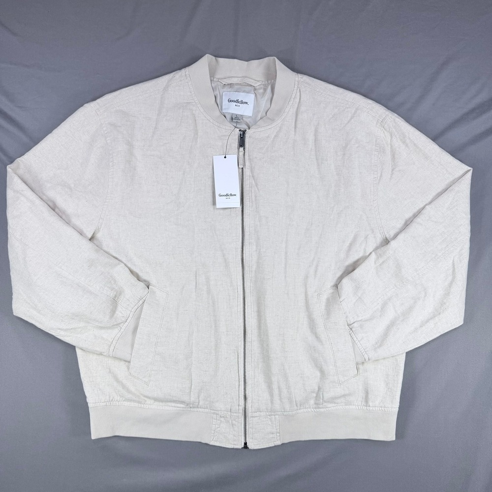 Goodfellow Mens L Tan Cotton Linen Varsity  Jacket Lightweight Full Zip New
